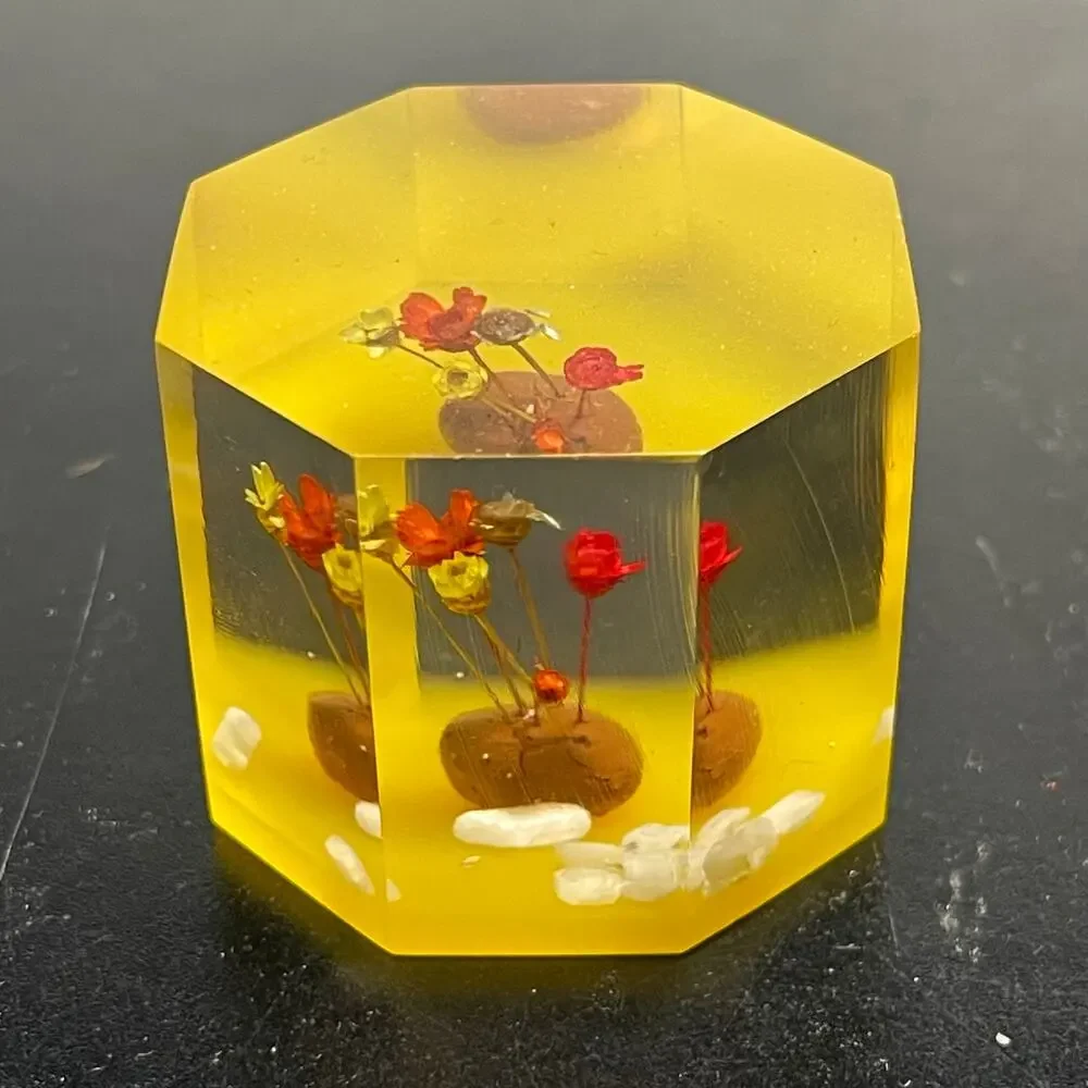 Vtg Lucite Acrylic Paperweight with Dried Straw Flowers 1.5
